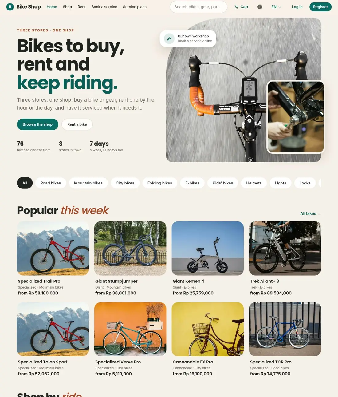 The bike shop demo's home page: a hero with a bike photo, popular bikes and the categories